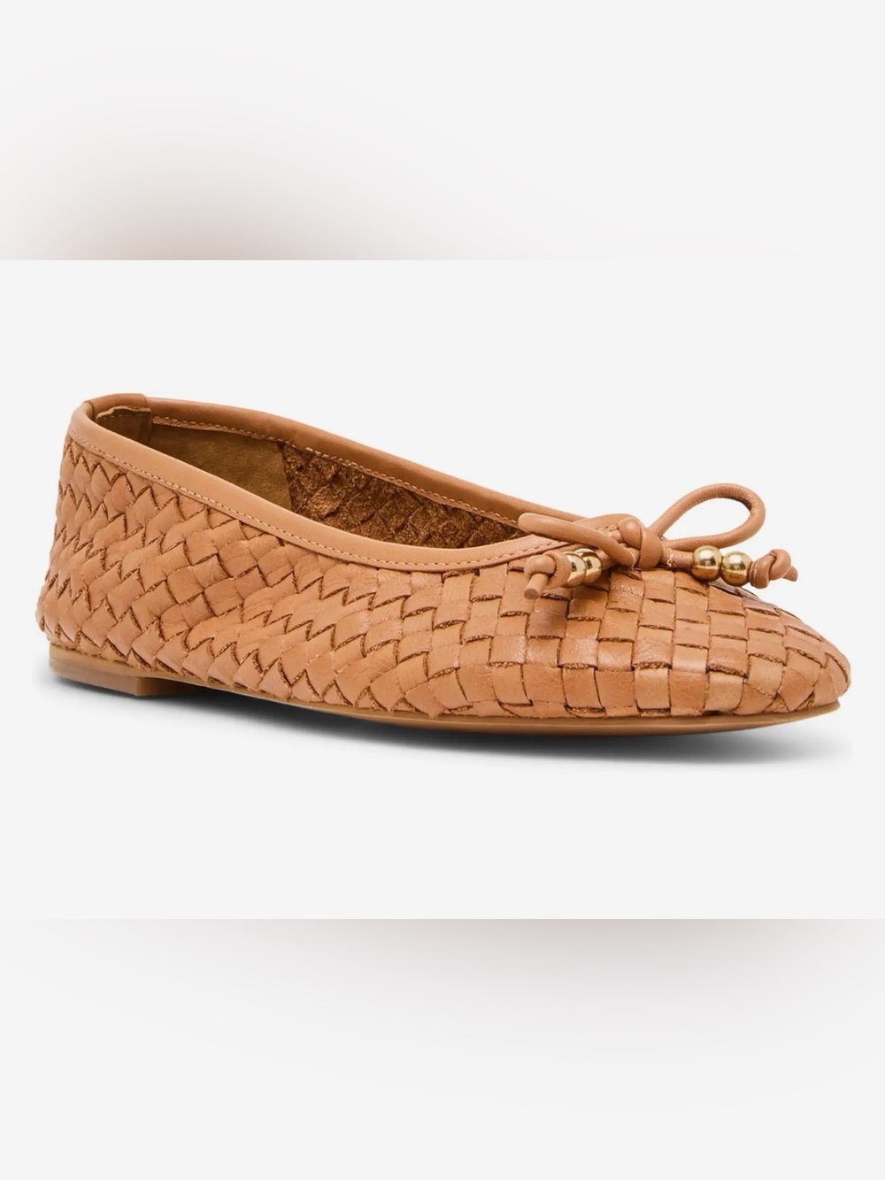 Steve Madden Divy Cognac Woven Ballet Flats with Bow & Gold Beads, size 10